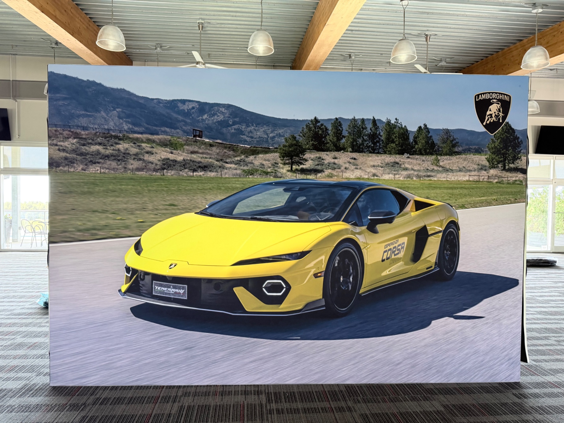 Large-format Lamborghini Temerario photo wall inside the Esperienza Corsa Canada activation